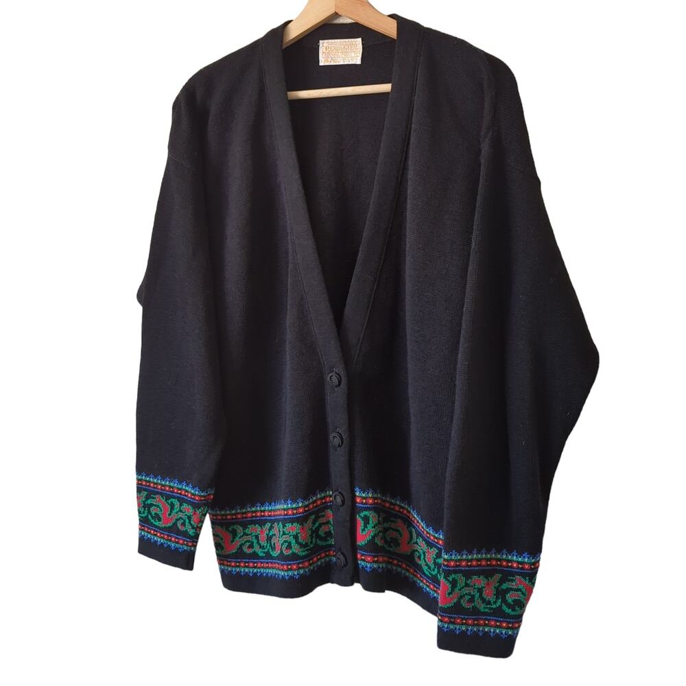 Vintage Pendleton Womens V-Neck Cardigan Sweater Black Nordic Wool‎ Large USA